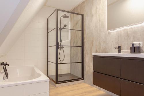 a bathroom with a shower and a sink at Beachvilla Royaal met Sauna - 10 personen in Holle Poarte