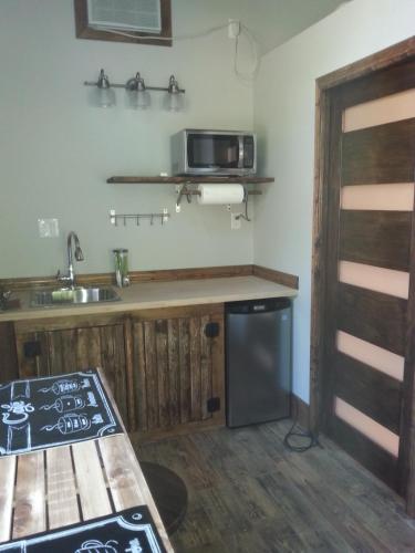 a kitchen with a sink and a microwave at Domaine de la Baie, Les Suites in Shawinigan