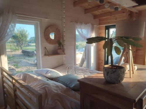 a bedroom with a bed and a potted plant on a table at Petit Chalet en Baie de Somme in Saint-Valery-sur-Somme