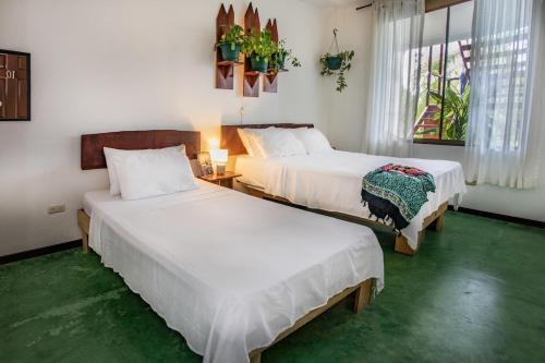 a hotel room with two beds and a window at Villas Jacquelina in Quepos