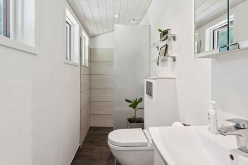une salle de bains blanche avec toilettes et lavabo dans l'établissement Family-Friendly Cottage Near Beach & Nature, à Vejby