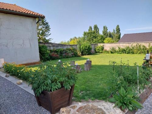 Un jardín con flores y plantas en un patio. en Agréable chambre pour 2 avec salle de bain et terrasse privées, en Fagnières