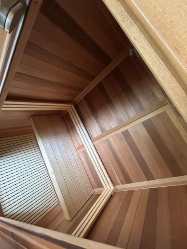 an overhead view of a wooden ceiling in a room at Bungalows Krstajić in Žabljak