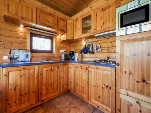 a kitchen with wooden cabinets and a tv at Bungalow in Holten near Forest Trails in Holten