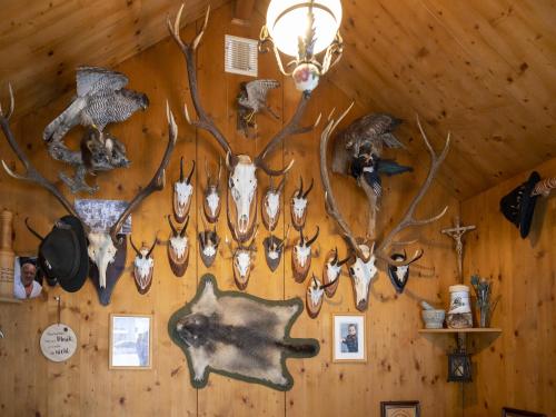 a wall with antlers and a chandelier at Apartment in Muhr near Ski Areas in Muhr