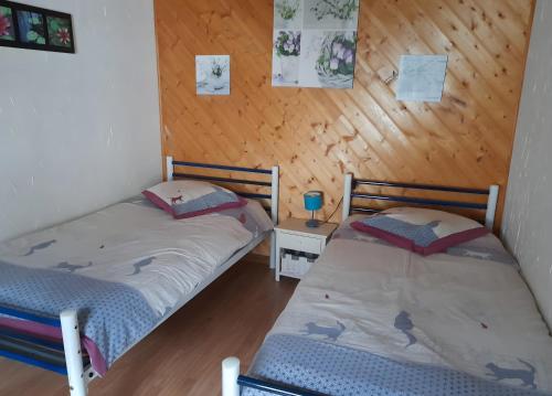 ServanceにあるCharmante Maison Les Volets Bleusの木製の壁の客室で、ツインベッド2台が備わります。