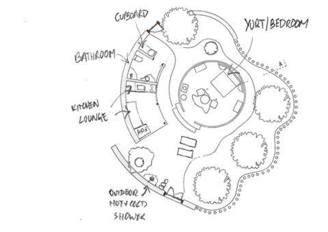 a drawing of a garden with a plan at The Moonlight Yurt in Essaouira