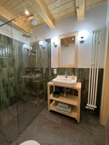 a bathroom with a sink and a shower at ŻŁOBINA Dom in Wisła