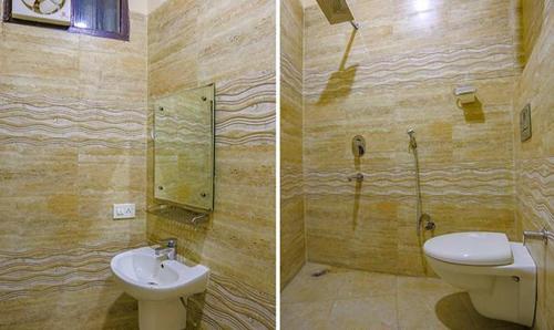 two pictures of a bathroom with a toilet and a sink at Hotel Kiara - Free Airport Drop Delhi Airport in New Delhi