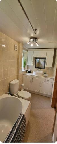 a bathroom with a tub and a toilet and a sink at Ghillies Cottage, Loch Ness in Milton