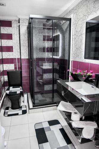 a bathroom with a shower and a toilet and a sink at Elitte in Kavadarci