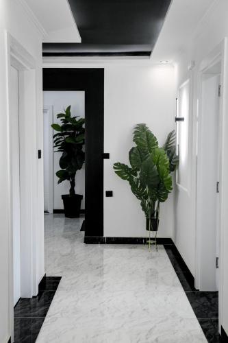 a hallway with white walls and potted plants at Elitte in Kavadarci