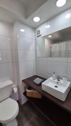a bathroom with a white toilet and a sink at Apartamento Pet-Friendly, Piscina, Vista Cerro San Cristobal, Santiago in Santiago