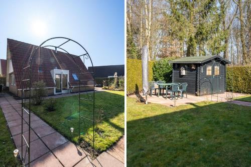 a garden with a greenhouse and a house with a fence at Lovely bungalow with woodburner and airco in Zwiggelte