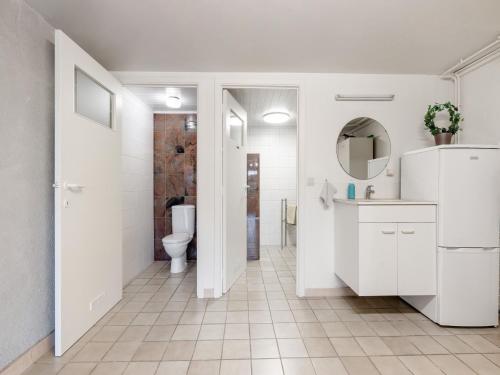 a bathroom with a toilet and a sink and a mirror at Charming Nieuwpoort Mill Retreat in Zottegem