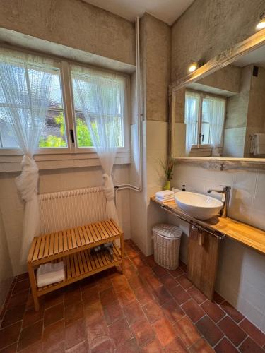 une salle de bains avec un lavabo et un miroir dans l'établissement Maison d'hôtes Fleurs de Vignes, à Montagny-lès-Beaune