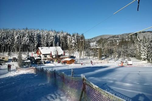a snow covered slope with a ski lodge and trees at Naturrefugium bei Willingen in Medebach
