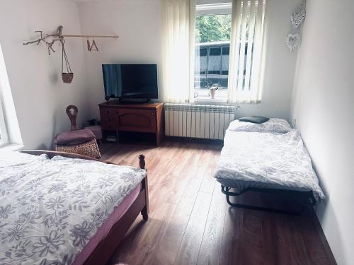 a bedroom with two beds and a flat screen tv at ViLa Veru in Liberec