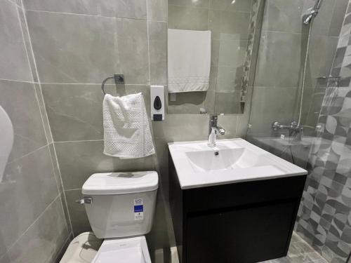a bathroom with a sink and a toilet and a mirror at Habitaciones La familia in Santa Bárbara de Samaná