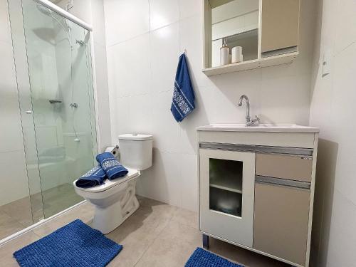 a bathroom with a toilet and a sink and a shower at Apto no coração de Brusque in Brusque