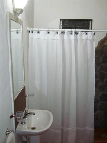 a bathroom with a sink and a shower curtain at Cabañas Calma Chicha in Cortaderas
