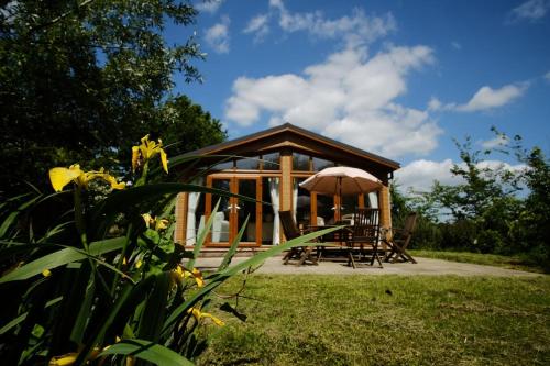 a gazebo with a table and chairs and an umbrella at Welhams Meadow Holiday Lodges in Ringshall