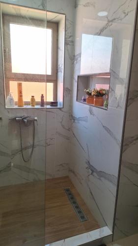 a bathroom with a glass shower with a window at Suites au sein d'une Villa au centre ville de Rabat in Rabat
