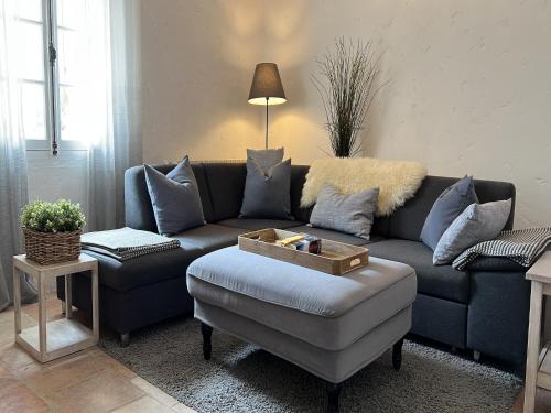 a living room with a blue couch and a chair at Oppède Villa with Private Pool in Oppède
