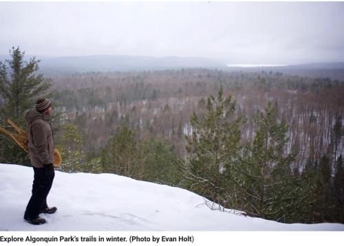 a man standing on top of a snow covered mountain at Algonquin Waterfront and Winter Paradise With Sunsets in Algonquin Highlands