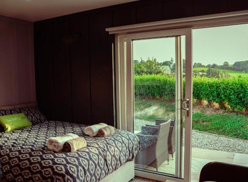 a bedroom with a bed and a sliding glass door at Saul Lodges in Saul