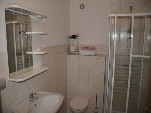 a bathroom with a shower and a toilet and a sink at Ferienwohnung im Bayerischen Wald mit Balkon in Drachselsried