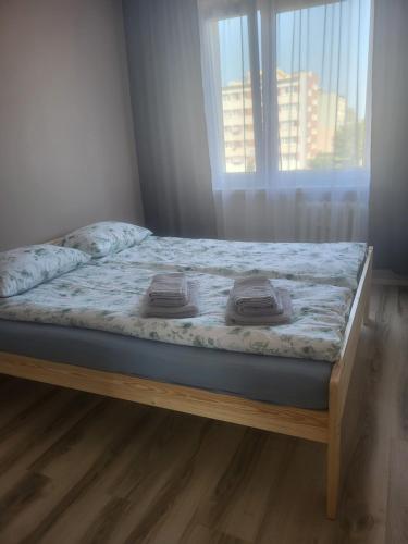 a bed in a room with a window at Panorama in Dzierżoniów