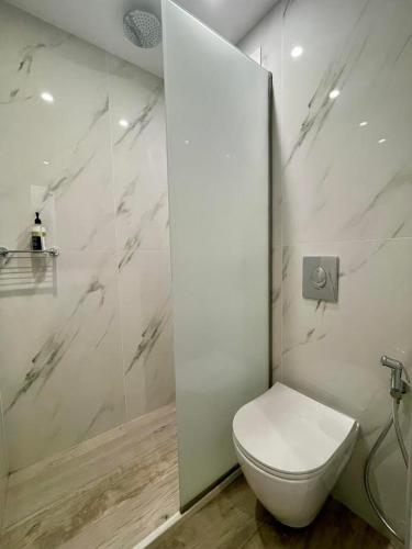 a white bathroom with a toilet and a shower at Alexandra Suites & Rooms - MYKONOS PORT in Mýkonos City