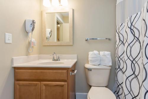 a bathroom with a sink and a toilet and a mirror at Massanuttens Shenandoah Villas by TripForth in McGaheysville