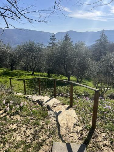 a wooden fence in a field with trees at Hillside semi-detached villa with panoramic views in Schignano