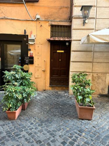 two potted plants in front of a building with a door at Domus Antica Navona in Rome