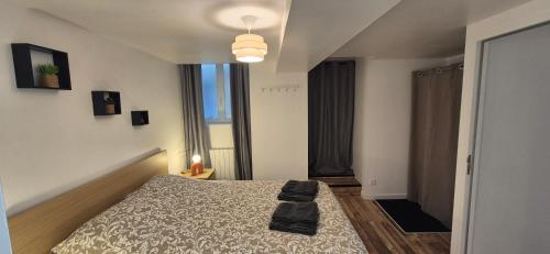 a bedroom with a bed and a large window at Le ST Martin, Appartement de 45 m avec chambre séparé in Mayenne