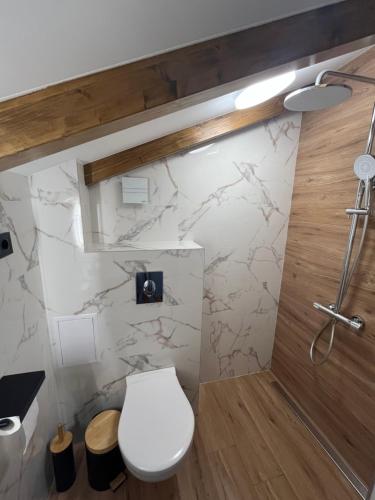 a bathroom with a toilet and a shower at Къща за гости Сирената in Sozopol