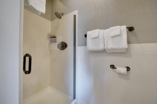 a bathroom with a shower with towels on the wall at The Groveland Hotel in Groveland