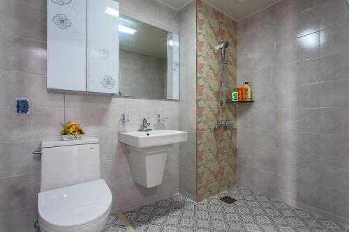 a bathroom with a toilet and a sink and a mirror at Dodam Dodam Pension in Seogwipo