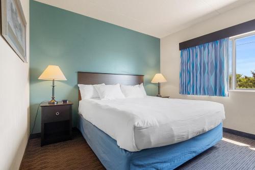 a bedroom with a large bed and a window at AmericInn by Wyndham Green Bay East in Green Bay