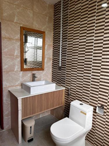 a bathroom with a toilet and a sink and a mirror at Coco Ukulhas Villa in Ukulhas