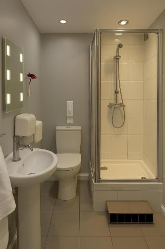 a bathroom with a toilet and a shower and a sink at The Railway Sleeper Lodge in Colchester