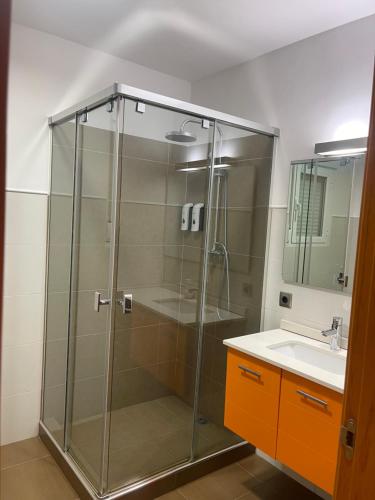 una doccia in vetro in un bagno con lavandino di Apartamentos Salma 20 a Toledo