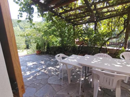 a white table and chairs under a pergola at The house in the paradise of Serra. in Chiusi della Verna