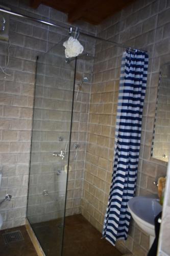 a shower with a glass door next to a sink at Maat apartment in Luxor