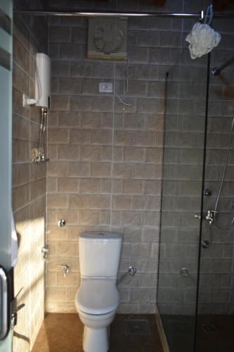 a bathroom with a toilet and a glass shower stall at Maat apartment in Luxor