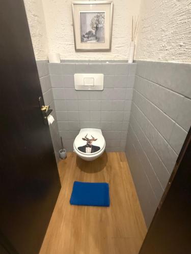 a bathroom with a toilet with a blue mat on the floor at Andys Enzian in Leutasch