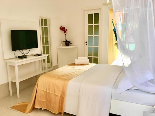 a white room with a bed and a television at Villa Baobá Pousada & Spa in Búzios