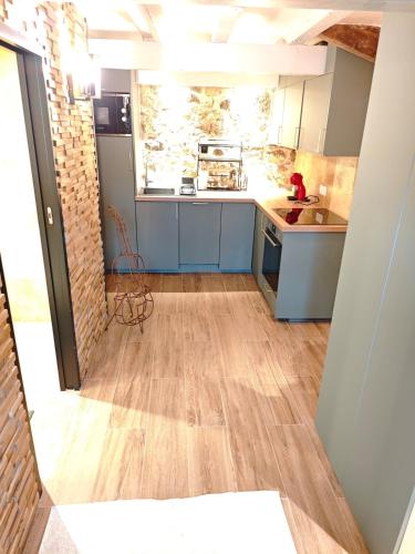 a kitchen with blue cabinets and a wooden floor at Superbe Studio Roustique in Saint-Jean-de-Gonville